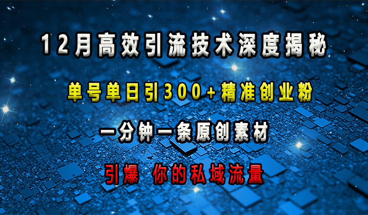 12月高效引流技术深度揭秘 ，单号单日引300+精准创业粉，一分钟一条原创素材，引爆你的私域流量-66免费源码网